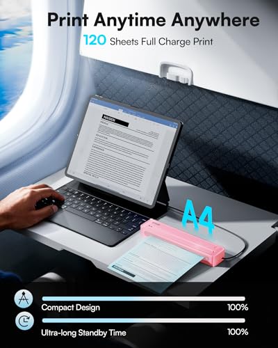 Image of D90E Inkless Portable Printer for Travel, Supports 8.5 x 11 Inch Thermal Paper Wireless Thermal Printer Bluetooth, with Travel Case & 10 Sheets for Students, Office, School, Pink 1pack