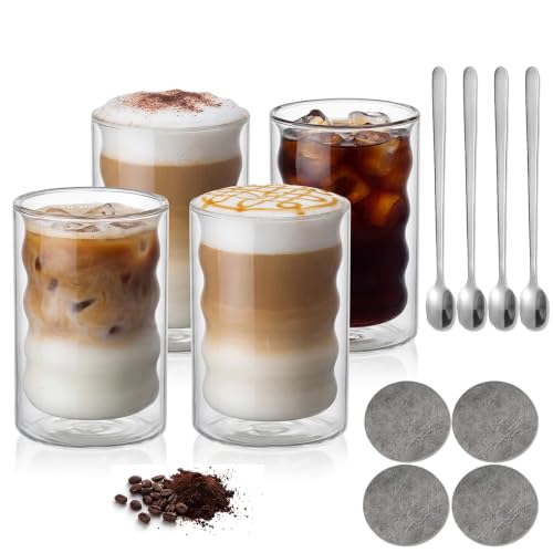 OrientVelo Lot 4 tasses à café double paroi 350ml, 4 cuillères,4 dessous de verre - Verre double paroi pour expresso, Nespresso, thé - Cadeau