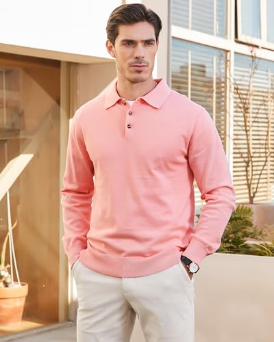 Image of Kallspin Mens 100% Cotton Polo Sweater Long Sleeve Button Down Knit Pullover Relaxed Fit Collared Casual Tops