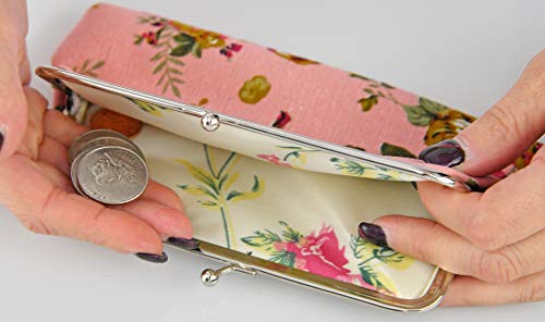 Home-X Vintage Canvas Coin Pouch Clasp Closure, Miniature Handbag For Women, Floral Coin Keys Purse, Small Makeup Bag Organizer-Pink (7.25" L X 3.5" H) #TOP1