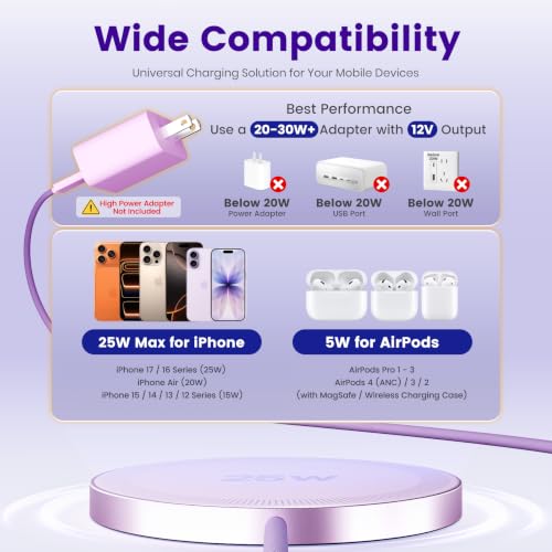 Image of MagSafe 25W Wireless Charger for Apple Magnetic Fast Charging Pad | Compatible for iPhone 17 17e 16 16e 15 14 13 12 Pro Max - AirPods-Slim Portable for Travel Bedside - 2 Pack, Light Violet