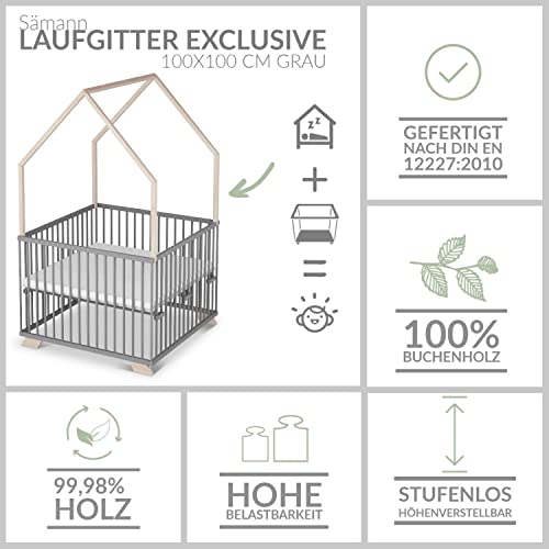 Sämann Laufgitter EXCLUSIVE 100x100 cm mit Matratze - Hausbett & Babybett - stufenlos höhenverstellbar Laufstall Baby Buche grau