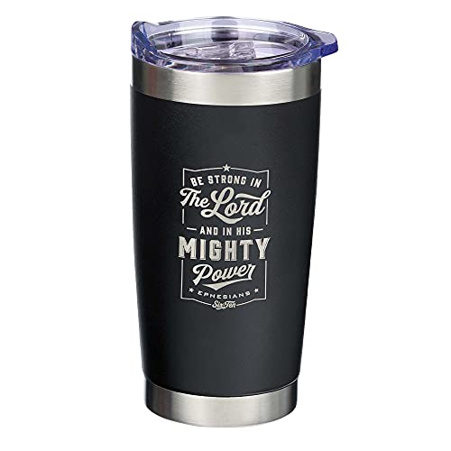 Christian Art Gifts Stainless Steel Double-Wall Vacuum Insulated Travel Mug Tumbler with Retractable Lid for Men & Women: Strong in the Lord - Eph. 6:10 Inspirational Bible Verse, Matte Black, 18 oz.