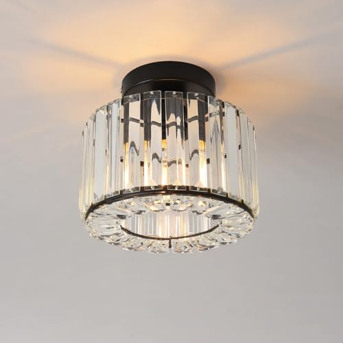 ANWIO Plafoniere da Soffitto Cristallo Nero, Lampadari Cristallo E27 con 1 Luce, Plafoniera con Cristalli Moderno, Lampadario con Paralume in Vetro Per Camere da Letto, 21.5CM (Senza Lampadine)Kitchen
