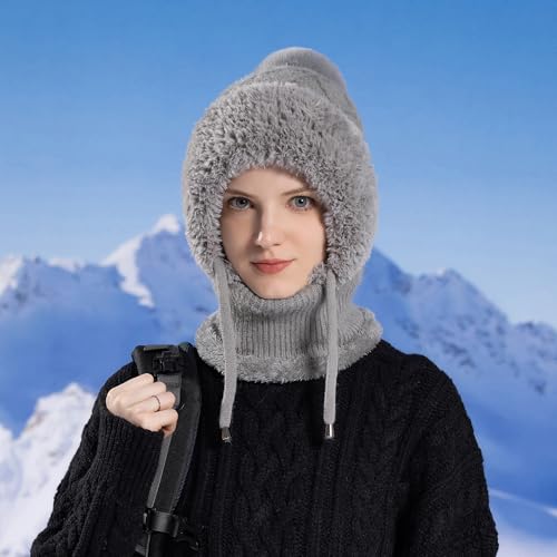 TAGVO Strickmütze Damen Thermo Winter, 3 in 1 Beanie Mütze Warm Strickmütze & Halswärmer Sets, Multifunktional Verstellbar Sturmhaube Gesichtsmaske mit Dickes Fleece gefüttert für Frauen Outdoor