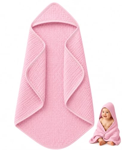 Image of Baby Hooded Bath Towel 100% Cotton Muslin 76x76 cm, 0-3Y, Newborn | 4-Layer Crinkle Fabric, Ultra Absorbent, For Ages 0-3Y