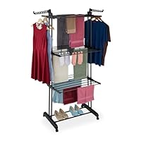 Relaxdays Wäscheständer Turm, ausklappbare Flügel, HBT: 179x126x63,5 cm, Metall, rollbarer Turmwäscheständer, schwarz