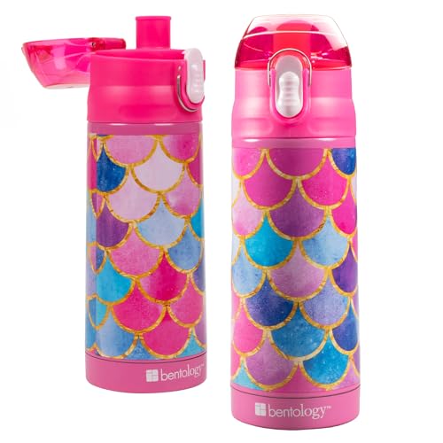 Image of Bentology Stainless Steel 13 Oz Reusable Water Bottle for Kids, Mermaid | Double Wall Insulated, Spill Proof Lid W /Built-in Straw- Keep Liquids Hot or Cold- Easily Fits in Lunch Boxes & Bags