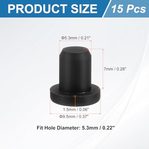 Image of uxcell 15Pcs Silicone Hole Plug, Waterproof Solid T-Shaped Rubber Stoppers Bottle Seal Tube Pipe Plug End Cap for 5.3mm /0.21 inch Hole for Bathtub Bottle, 0.28 inch Plug Height, Black