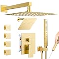 Shower System with 4 Body Spray Jets, STARBATH 4 Way 12 + 6"Rainfall Shower Head with Handheld Combo, Wall Mounted Shower Jets System in Wall Shower Faucet Set, Brushed Gold