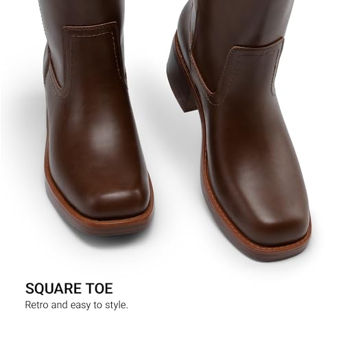 Image of DREAM PAIRS Women's Mid Calf Riding Boots Square Toe Retro Banana Boots Chunky Block Heel Pull-On Fashion Boots