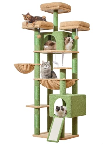 Taoqimiao Rascador para Gatos Grandes, 193cm Arbol Rascador para Gatos com 3 Plataformas, 2 Espacioso Cuevas, Cesta, Hamaca MS047T Verde - imagen 8