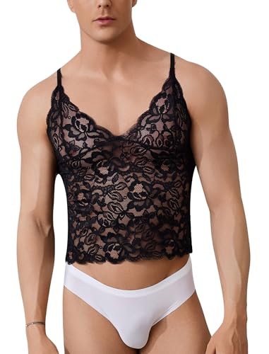 ABAFIP Men’s Sissy Lace Cami Top Floral Sheer Camisole Ruffle V-Neck Sleeveless Shirt See Through Undershirt4