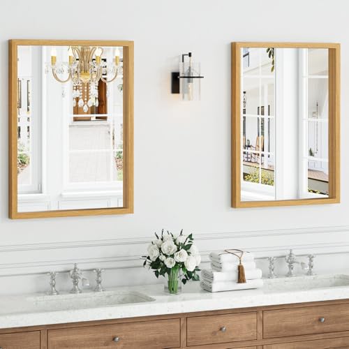 Image of Syndra Natural Wood Frame Bathroom Mirror, 22x30'' Modern Vanity Mirror for Wall, Waterproof Slim Deep Frame, Rectangular HD Tempered Glass Mirror for Living Room, Bedroom, Entryway, Rustic, Farmhouse
