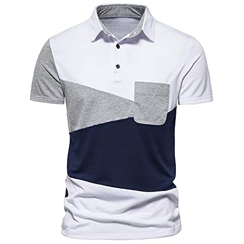DaDuo Polo Hombre Manga Corta Bolsillos Empalme Básicos Hombre Shirt Tapeta con Botones Contraste Color A Rayas Hombres Shirt Cover