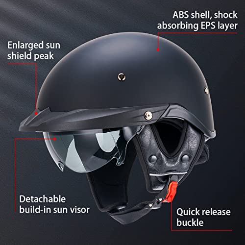 Myamis Half Motorcycle Helmet Man Women Adult Dot Approved Cruiser Retro Half Helmets With Visor Mh118 (L, Matte Black) #TOP1