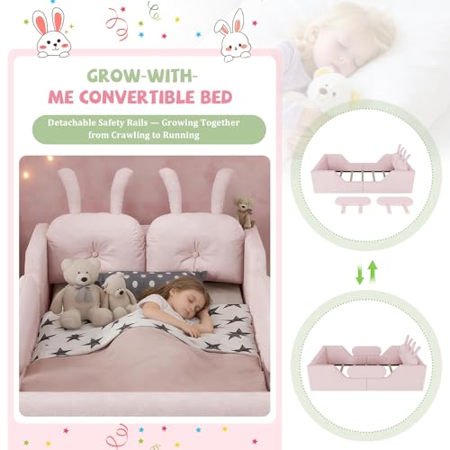 Image of Twin Size Kids Floor Bed Frame, Upholstered Montessori Platform Bed W /Removable Rails Cute Daybed Frame for Girls Boys, No Box Spring Required,Pink