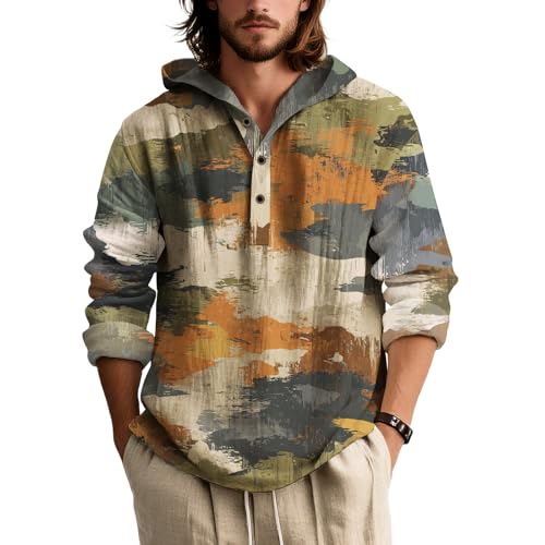 ZOCANIA Mens Hoodies Sweatshirts Camo Pattern Military Tactical Hoodies Long Sleeve Button Collar Baggy Pullover Shirts