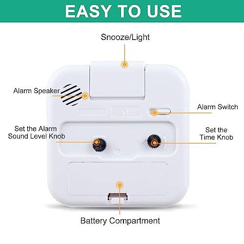 Alarm Clock, Silent Bedside Non Ticking Alarm Clocks Table Bedside Clock Battery Powered Large Display Snooze Light Clocks for Heavy Sleepers Bedrooms Office Travel (White)