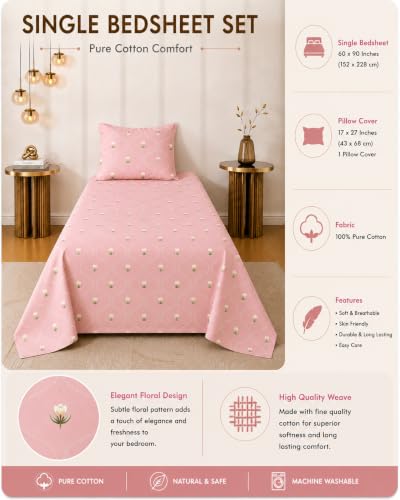 Image of RRC Floral Printed Bedsheet for Single Bed with Pillow Cover,60X90 Inches Single Bed Sheet, Elegant Bedroom Bedding, Comfortable Home Bedsheet, Pillow Cover Size 17 x 27 Inches