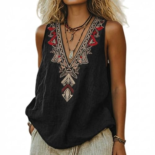 bbetqgh Camiseta sin mangas de lino y algodón para mujer, diseño floral mexicano, bordada, ligera, transpirable, sin mangas, cuello en V, ajuste holgado, informal, para playa, vacaciones, verano, uso
