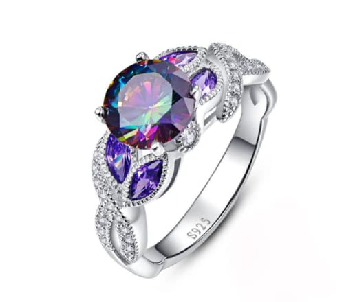 Awmnjtmgpw 925 Sterling Silver Rainbow Topaz Ring Women's Engagement Ring Princess Cut Diamond Ring Colorful Diamond Ring Size 6-10