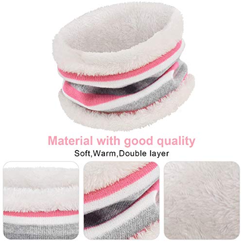 Yuson Girl 3 Pcs Kids Winter Stripe Knitted Bobble Beanie Hat Snood Scarf Gloves Set with Thick Fleece Lining Cotton Thermal Knit Pom Pom Hat Cap Neck Warmer for Children Outdoor Boy Girl