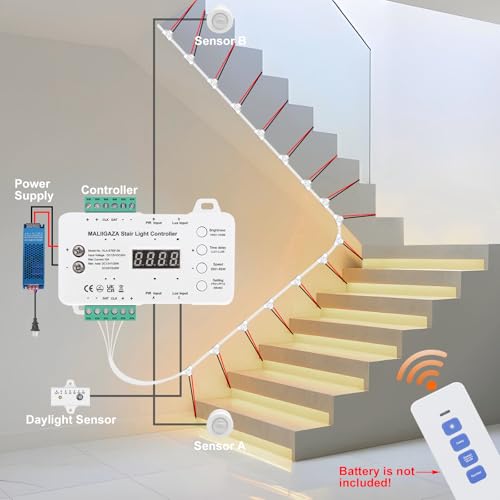 Image of Intelligent Motion Sensor LED Stair Light Kit with Main Wire& Daylight Sensor, Step by Step Control 47.2 Inches Cuttable LED Strip Lights Indoor with Remote (16 Stairs,4000K)