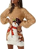 Minetom Damen Weihnachten Pulloverkleid Strickkleid Tunika Weihnachtsdruck Kleid V-Ausschnitt Langarm Rollkragen Minikleid Pullikleid Weihnachtskleid D Khaki L