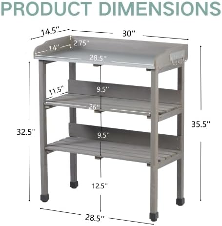 30″x14.5″×35.5″ Potting Table w/Metal Tabletop, 3 Layers Outdoor Work Bench w/Hook for Garden, Solid Wood Workstation for Garage