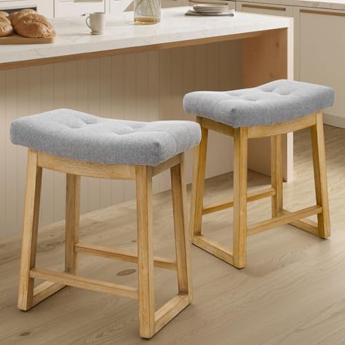 Image of Bar Stools Set of 2, Counter Height Saddle Stools with Wooden Legs, Modern Farmhouse Upholstered Backless Counter Stools for Kitchen Island, Home Bar, Grey