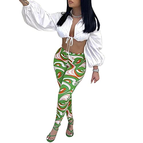 Women Sexy 2 Piece Outfits Tie Front Crop Top Shirt Floral Jogger Pants Set Tracksuits Set Club Outfits #TOP16