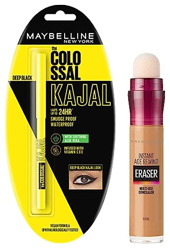 Image of Maybelline New York Instant Age Rewind Full Natural Acne Prone Concealer, Caramel, 6Ml And Colossal Cushion Kajal, Black, 0.35G, 2 count