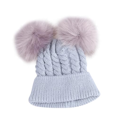SAFIGLE Double Hairball Twisted Knit Beanie Hat for Winter Soft and Warm Crochet Cap for Boys and Adorable Grey Design for Cold Weather