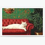 LRCYBMN Trendy Disco Ball White Cat Print Picture Posters Funny Pet White Cat Sleeps On The Sofa Canvas Oil Painting Bar Cart Wall Decor Home Room Decor Aesthetics 12X18 in Unframed