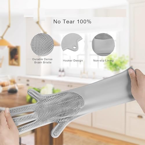 Image of NAREVAL Silicone Cleaning Gloves for Kitchen Dishwashing, Reusable Hand Gloves for Utensil Washing, Bathroom Cleaning, Pet Hair Grooming & Car Care (Pack Of 1 Pair (2 Gloves))