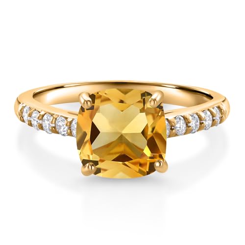 Gem Stone King 2.20 Cttw Cushion Yellow Citrine and White Lab Grown Diamond 10K Yellow Gold Engagement Ring for Women | Cushion Cut 8MM | Gemstone Birthstone | Available In Size 5, 6, 7, 8, 9