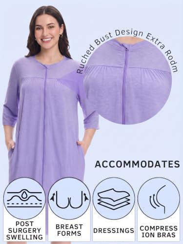 Image of Women's Post Surgery Robe with Drain Pockets Mastectomy Recovery Robe Front Zipper Hospital Gown Pajamas Gift