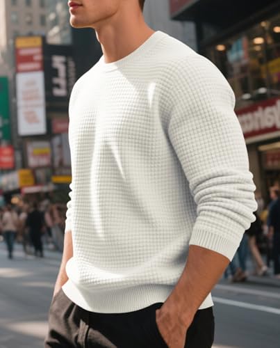 Men’s Waffle Knit Crew Neck Long Sleeve Top – Thermal Undershirt Pullover Casual Sweater4