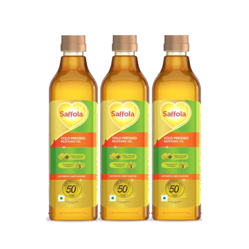 Image of Saffola Cold Pressed Mustard Oil | 100% Cold Pressed Mustard Seed Oil | Helps Manage Cholesterol, Goodness of Omega 3 with Authentic Seed Flavour | 1L Pet Bottle (Pack of 3)