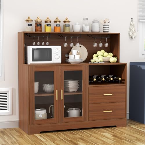 Auromie Wine Bar Cabinet with LED Light, Home Coffee Cabinet with Wine and Glass Rack, Kitchen Buffet Sideboard with Storage Cabinet&Drawers, Modern Liquor Cabinet for Living Room Dining Room (Brown) - Thumbnail 7