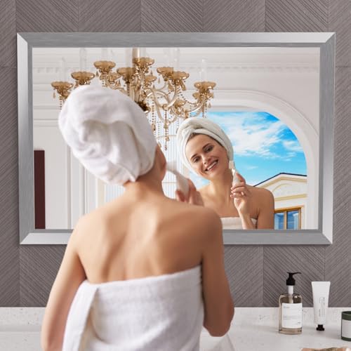 Amorho 48x32 Inch Bathroom Mirror Silver, Thick Metal Framed Wall Mirrors for Over Sink, Brushed Nickel Mirror Perfect for Bedroom, Living Room, Entryway, Rectangle (Horizontal/Vertical).