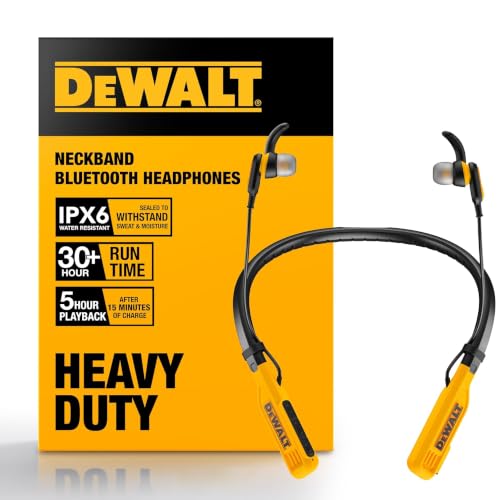 DEWALT Heavy Duty Bluetooth Neckband Headphones, Wireless Around The Neck Earbuds w/ 30H Runtime...