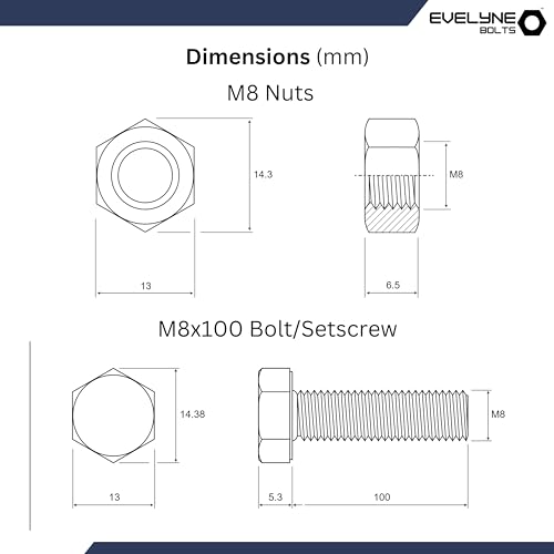 8mm Nuts & Bolt 10 Pack (M8 x 100mm Bolts & M8 Nuts) Hex Bolt/Setscrew Fully Threaded
