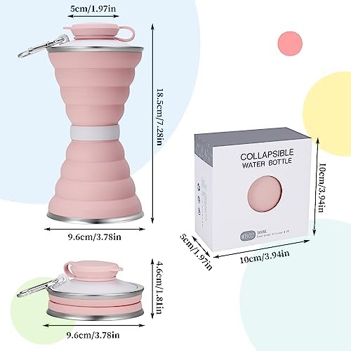Firtink Collapsible water bottles for travel 500 ml, Foldable sports water bottles, small silicone reusable portable water bottle 17 Oz, collapsible water cups for sports hiking running, Pink