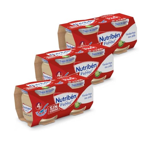 Nutribén Potitos Inicio Verduritas con Pollo y AOVE Eco +4 Meses, 6x120g | Con AOVE ecológico. Sin azúcares añadidos ni aditivos. Sabor suave y textura ligera para el inicio. Práctico de llevar.