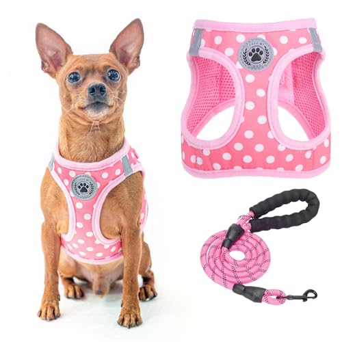 BEAUTYZOO 犬用ハーネス リードセット 小型犬 中型犬 対応 引っ張り防止 調節可能 通気性メッシュ 軽量 反射材付き 簡単着脱 抜けない 快適 おしゃれ 散歩 訓練 老犬介護 歩行補助 夏用 チェック柄 ペット用品(ピンクの水玉 S)