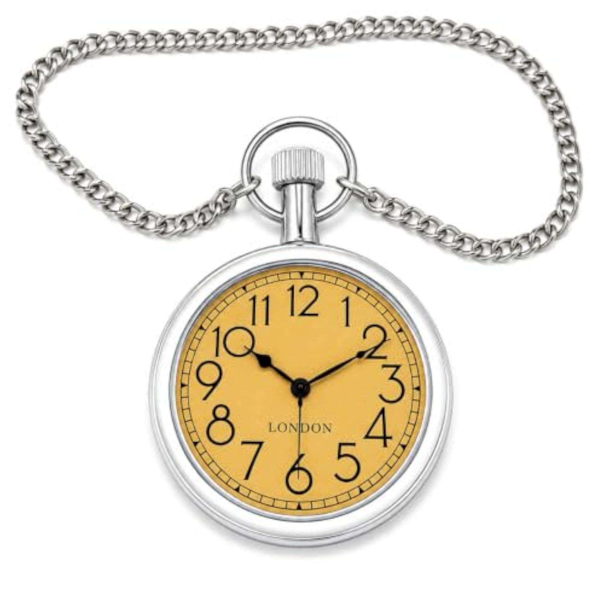 Silver Pocket Watch with Golden London Dial and Chain