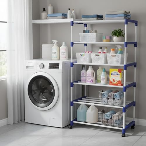 Image of CIPLA PLAST Shoe Rack for Home | Floor Standing Shoes Shelf | 6 Layer Plastic Foldable Shoe Stand, Shoe Organiser for Home & Office White and Blue, Portable Storage Organizer