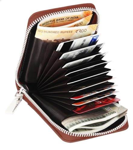 Image of NAPA HIDE Slim Zipper Card Holder Wallet for Men & Women | RFID Blocking Accordion Credit Card Case | Compact Cash & Card Organizer with Smooth Metal Zip (TAN)
